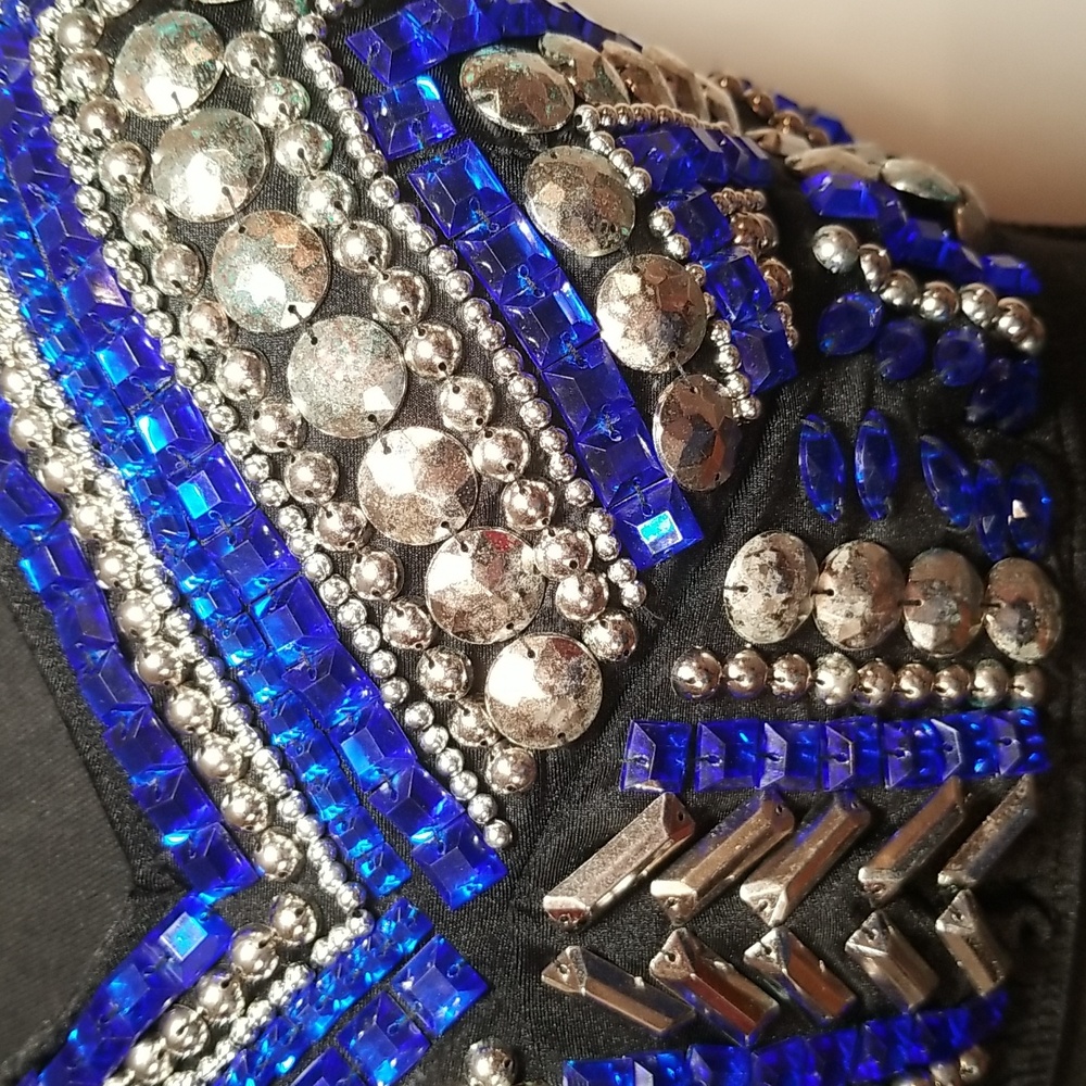 Glamour Dance Costume Black Blue Silver rhinestone adult L 2 piece - Picture 4 of 8
